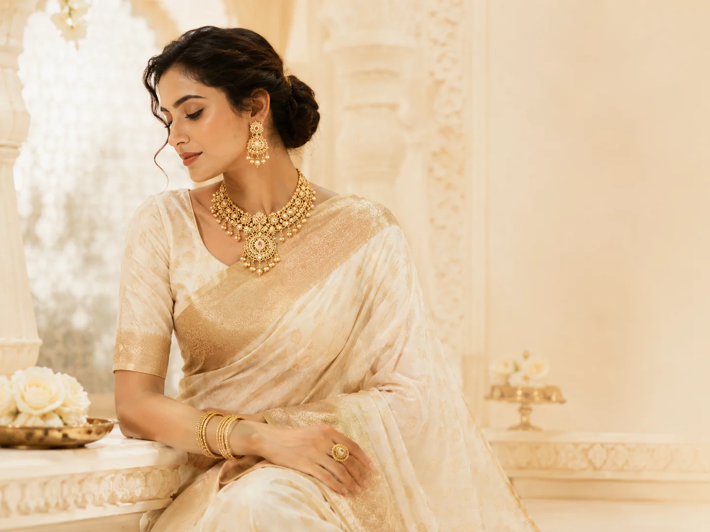 Gold jewellery styled for a warm ivory heritage collection