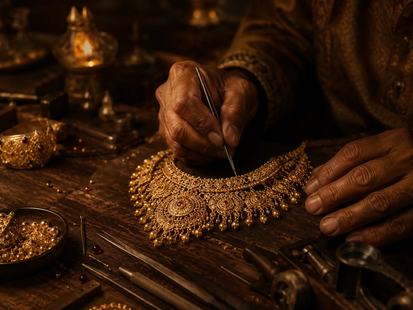 Jeweller carefully working on an ornate gold necklace