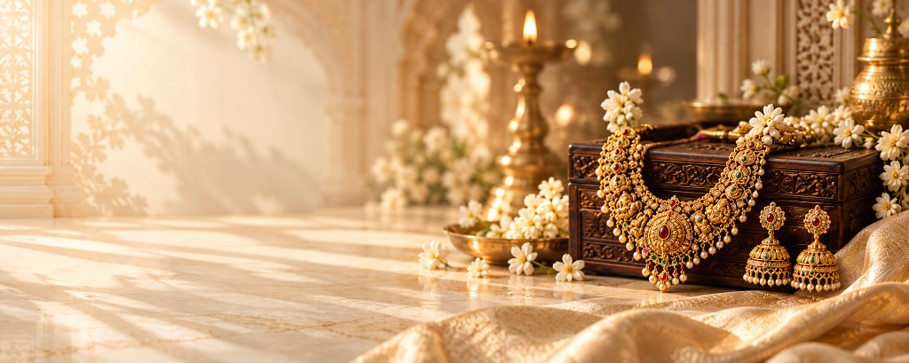 Opulent heritage gold necklace on display box framed with jasmine flowers, brass lamps, and traditional motifs