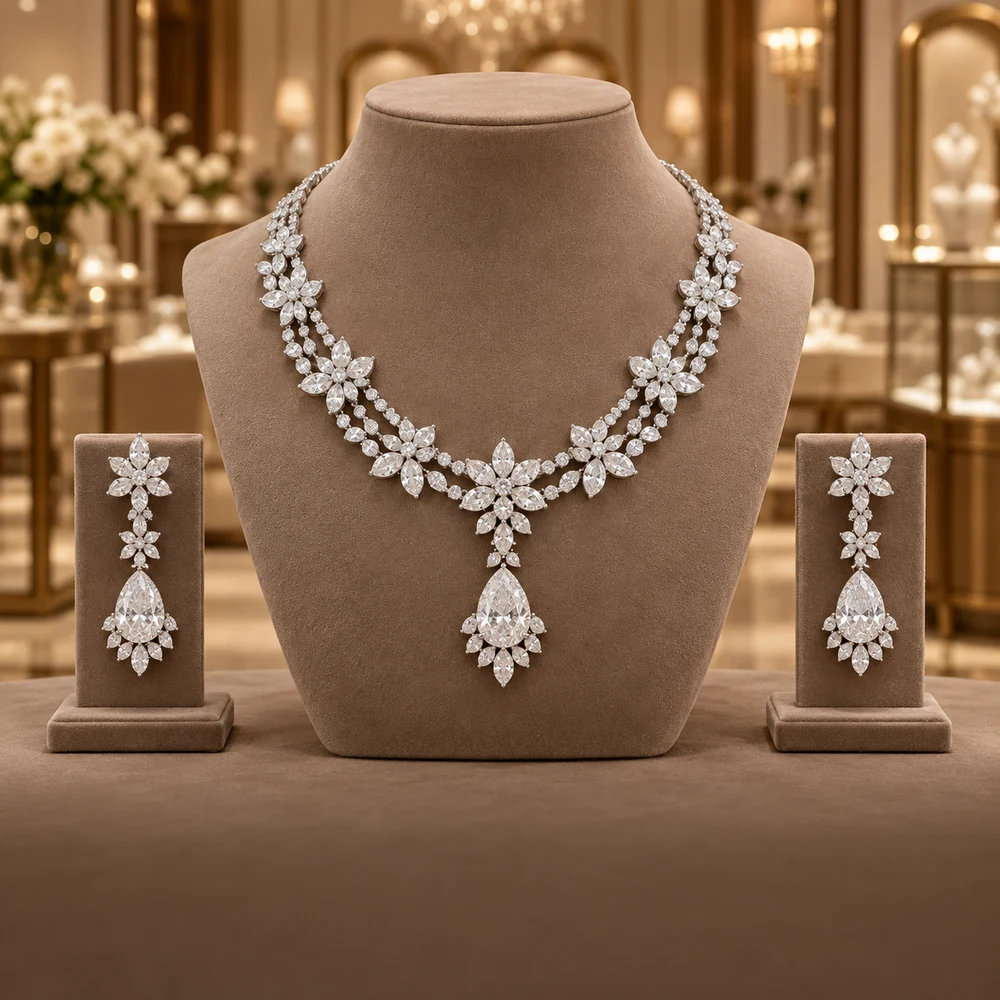 Pear and marquise diamond necklace with matching drop earrings on a warm taupe display