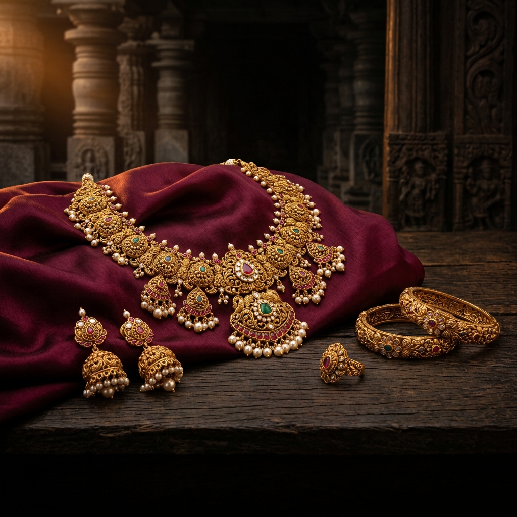 Intricate antique gold necklace and jewellery crafted with traditional purity