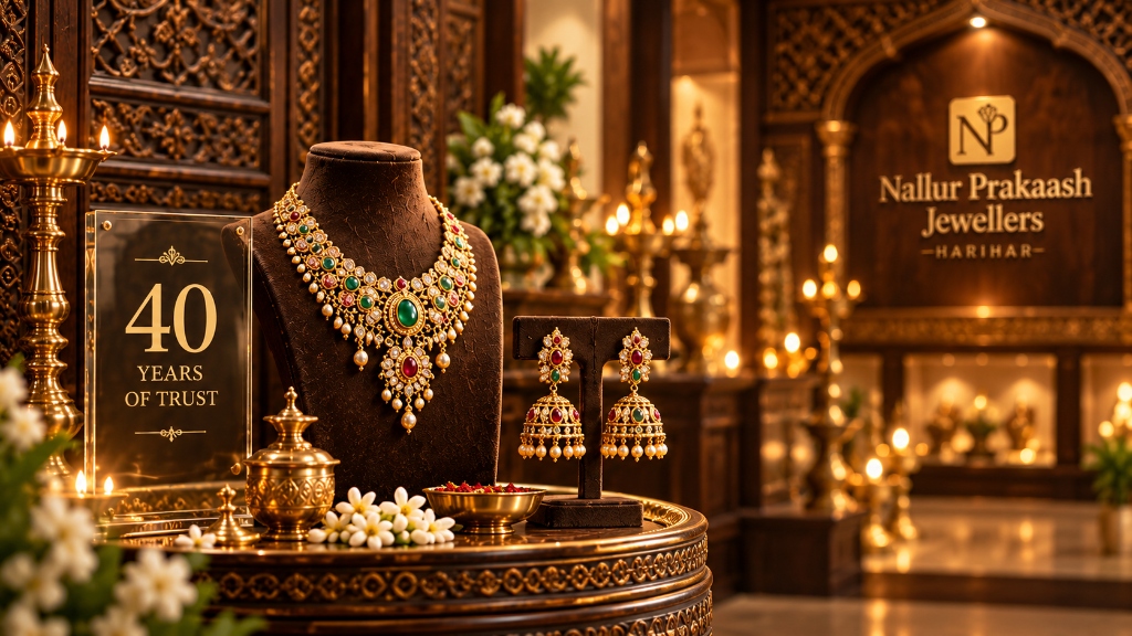 Luxury South Indian antique necklace and jhumka earrings presented on velvet bust with traditional oil lamp