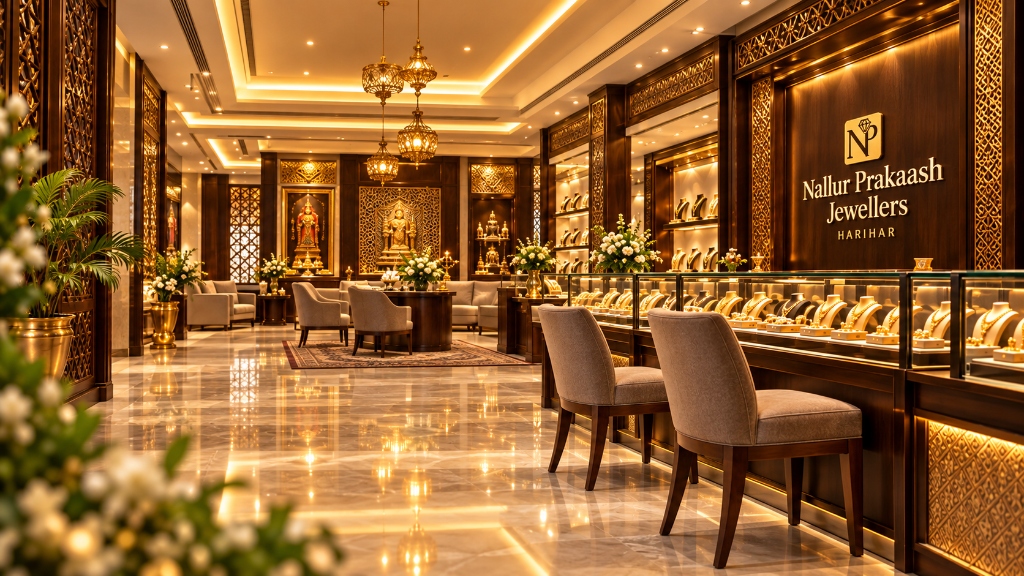 Illuminated luxury jewellery showroom interior with display counters and golden ambiance